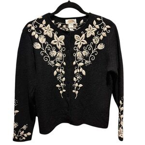 Talbots Black Cardigan with Cream Floral Embroidery